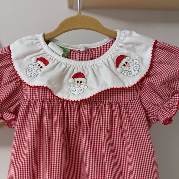 Santa Face Embriored Smocked Windowpane Dress 2T - Picture 2 of 5